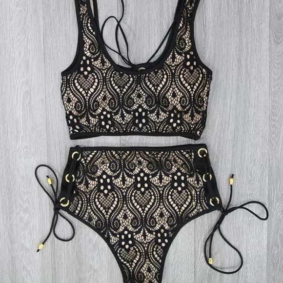 🔴Bikini Black Lace Tie Up Swim Suit Bathing Suit - Picture 4 of 5